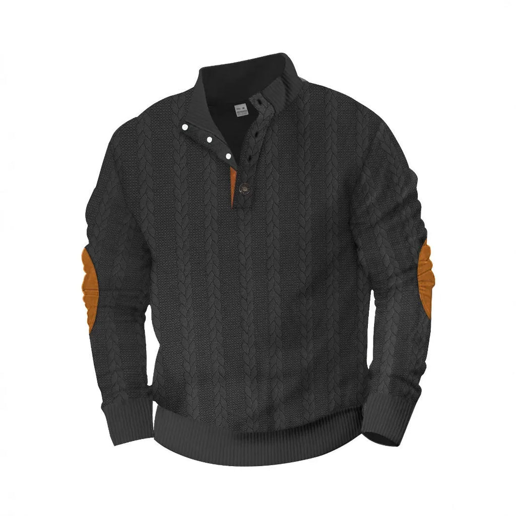 Cotton blend long-sleeve sweater with jacquard buckle and embroidered patch shown in a neutral colour