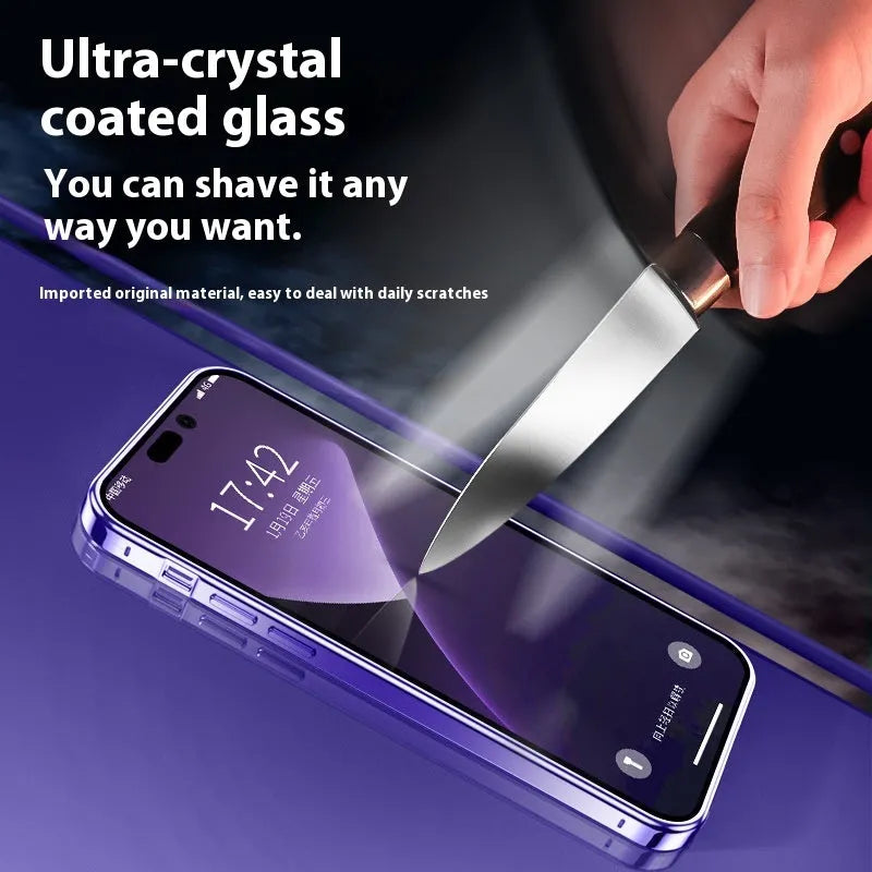Double-sided glass ultra-thin magnetic phone case for iPhone 16 in electroplated silver finish