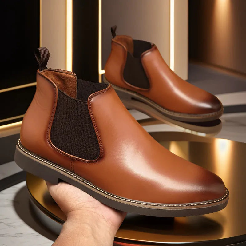 Men's British style artificial PU boots with a square heel, shown in black and yellow colours.