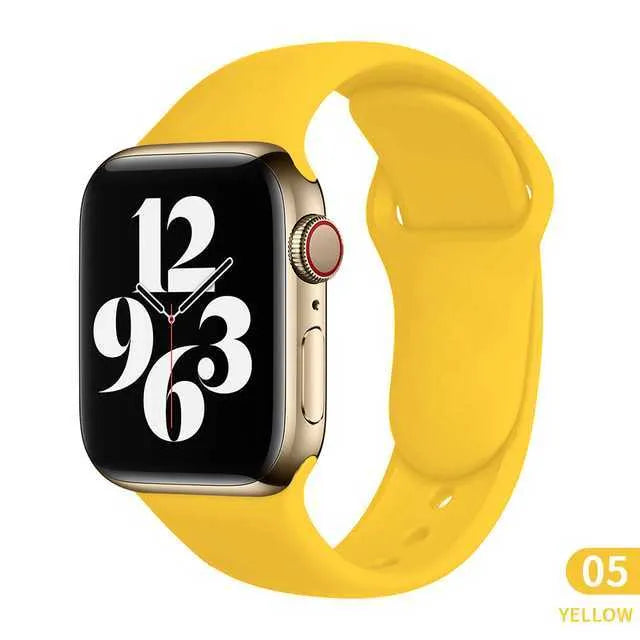 Silicone Apple watch replacement strap in black, shown fitted to a 44mm watch case.