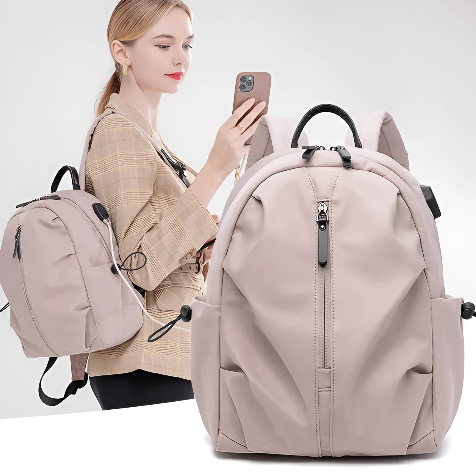 Women's Korean-style simple business travel backpack in dirty pink, Oxford cloth, with computer pocket, small A4 size