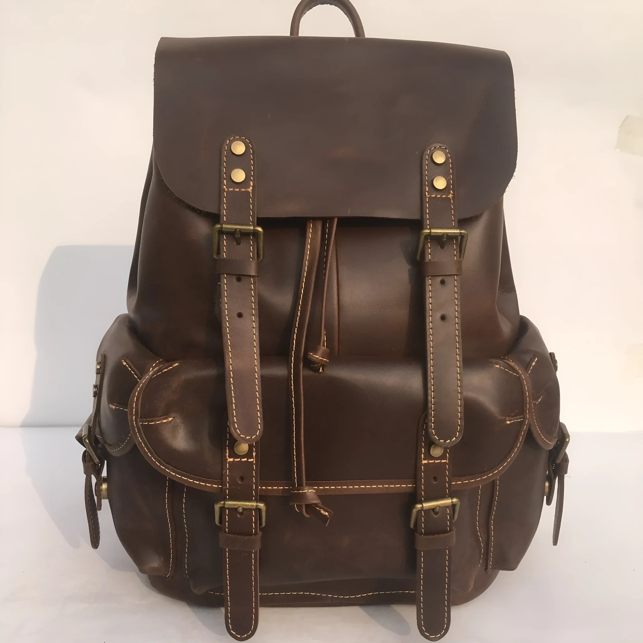Brown genuine leather men's backpack with air pillow belt comfort system