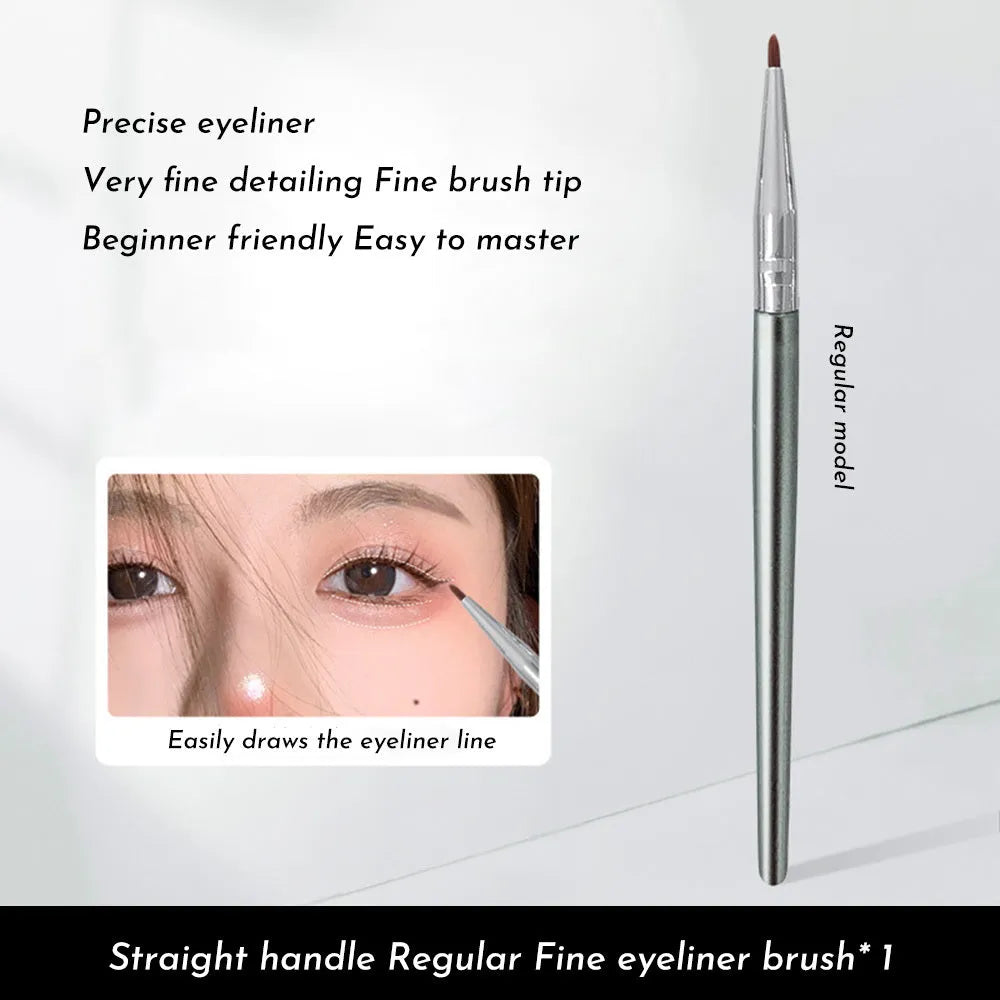 Angled bend head eyeliner brush with fine synthetic bristles and wooden handle for detail makeup.