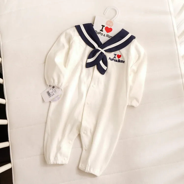 Navy style long-sleeved baby onesie with detachable hood and single-breasted snap closure.