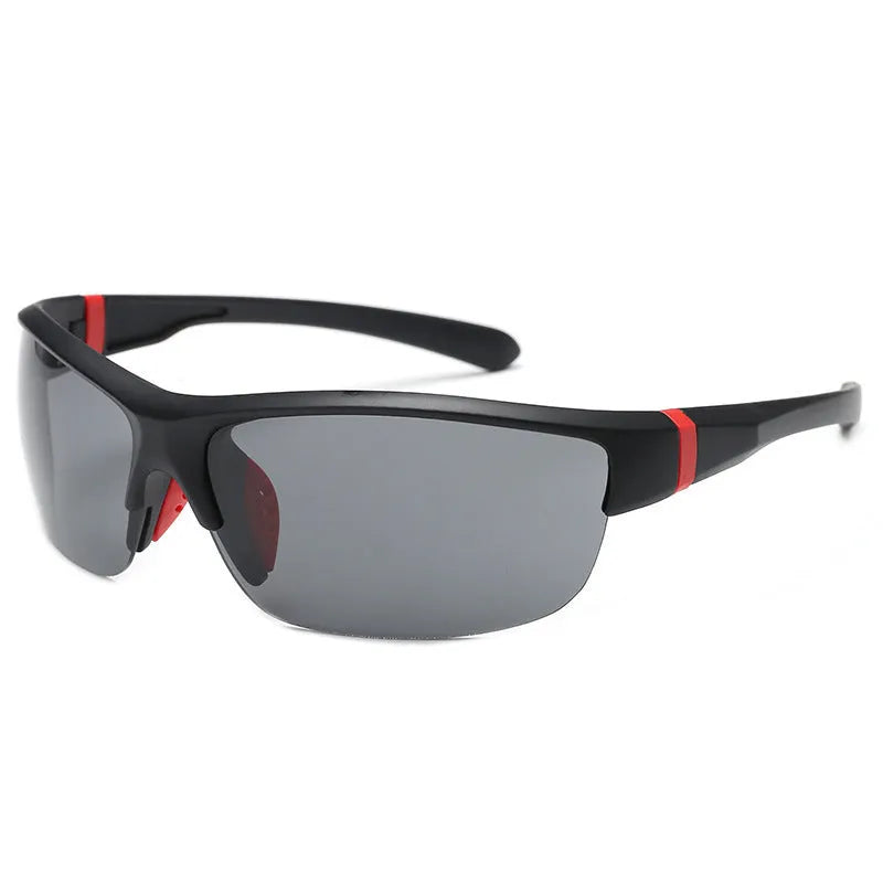 Men's windproof cycling sunglasses with semi-frameless frame and PC lenses in multiple colour options.
