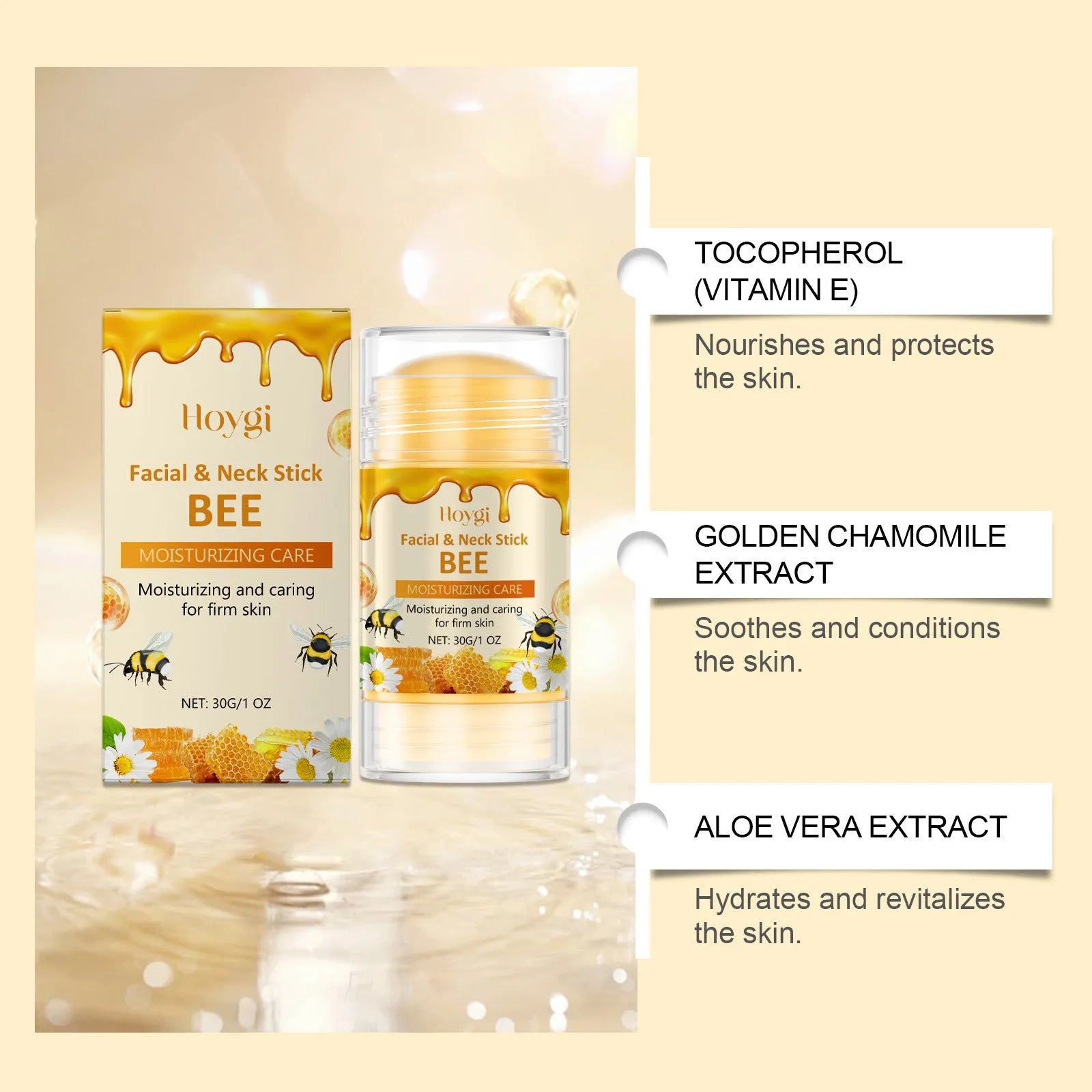 Moisturising facial skin essence stick with bee venom and chamomile extract in 30g stick format