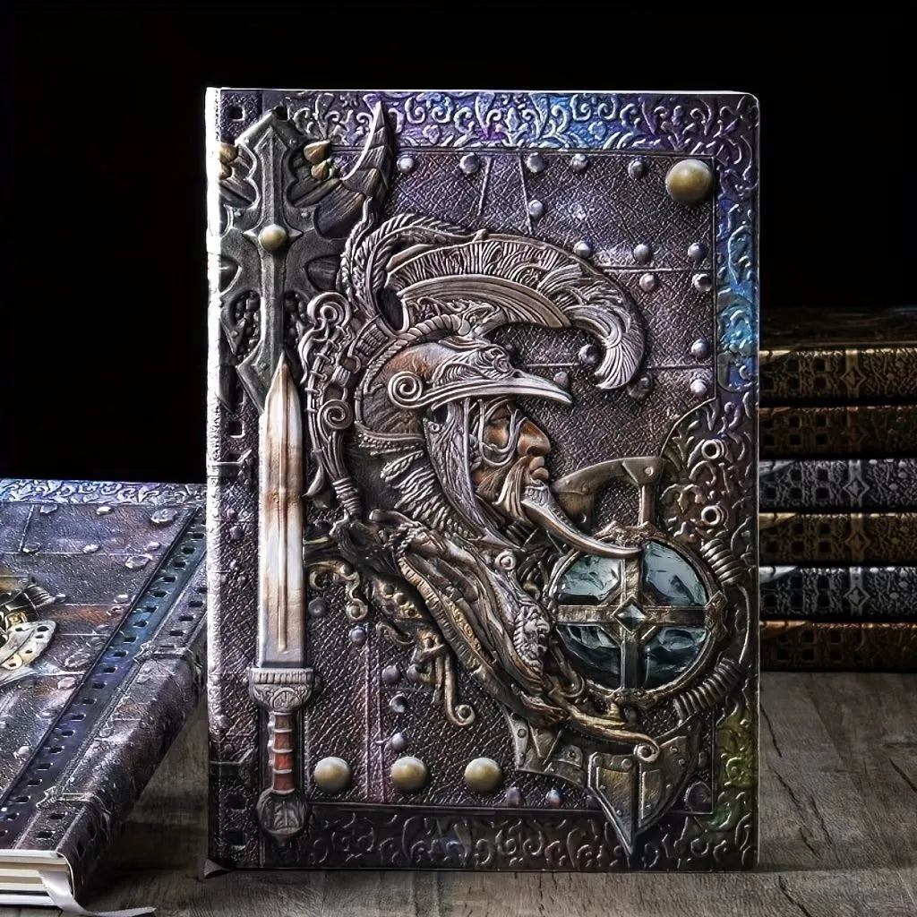 Creative retro A5 leather notebook with embossed 3D warriors relief design, shown open.