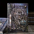 Creative retro A5 leather notebook with embossed 3D warriors relief design, shown open.