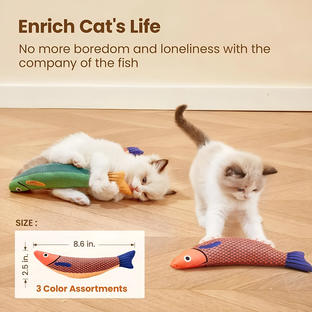 Soft plush saury fish cat toy with catnip filling and crinkle sounds in green colour