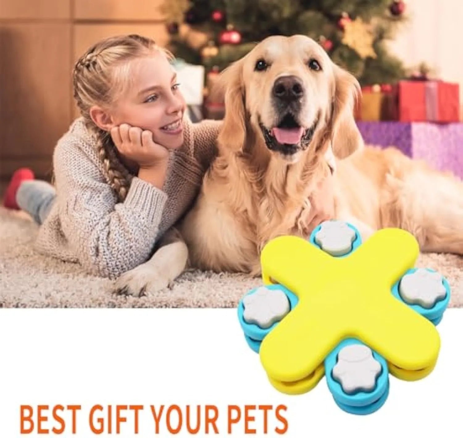 Yellow interactive dog puzzle feeder bowl with rotating lids on a non-slip base.