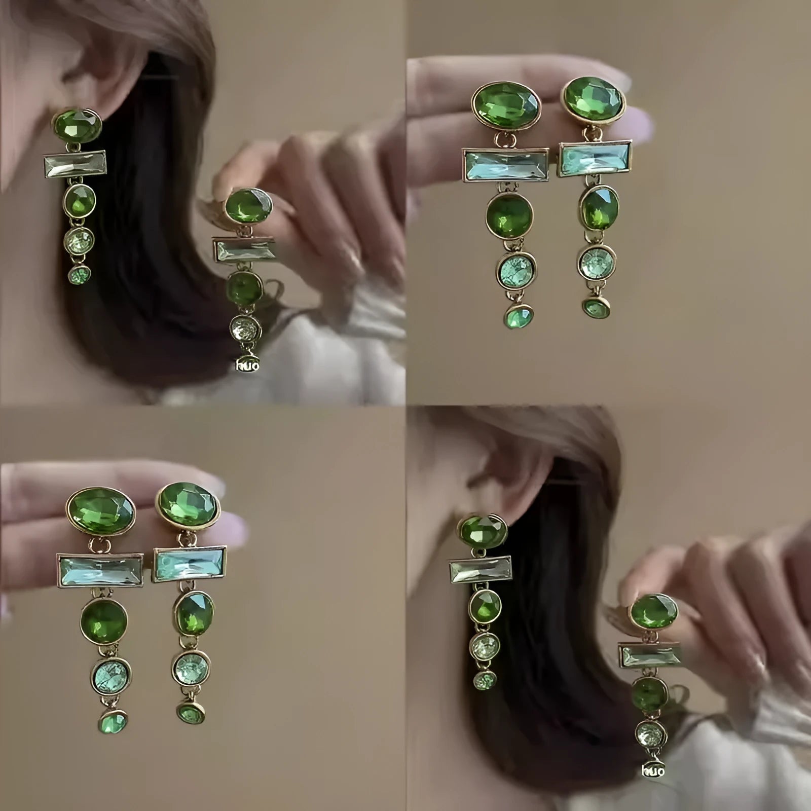 Green gradient tassel drop earrings with geometric alloy shapes and inlaid zircon stones on a white background.