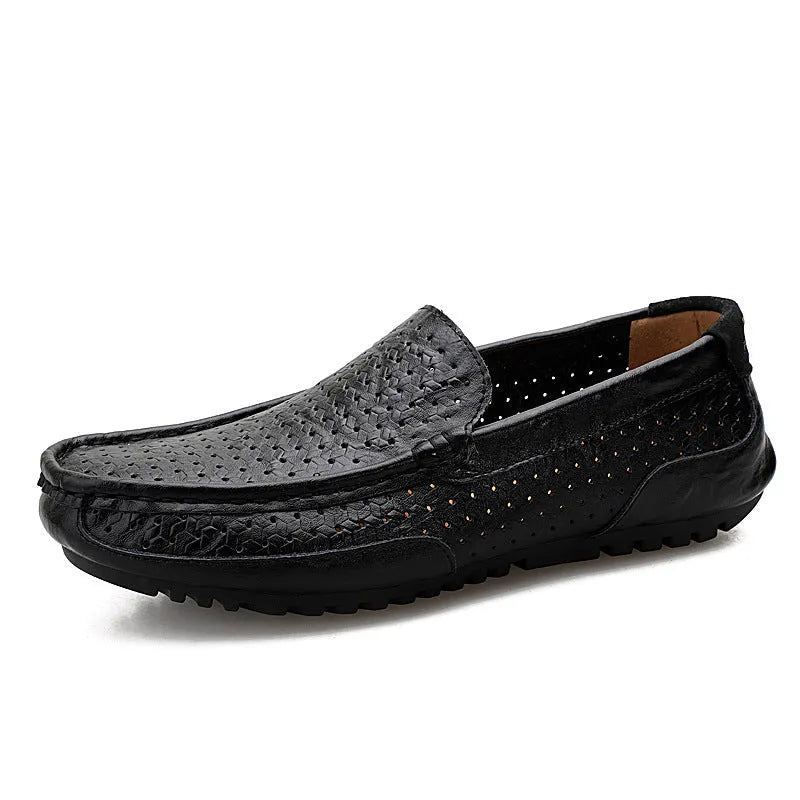 Men's summer leather shoes with breathable mesh upper in solid black colour on white background