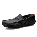 Men's summer leather shoes with breathable mesh upper in solid black colour on white background