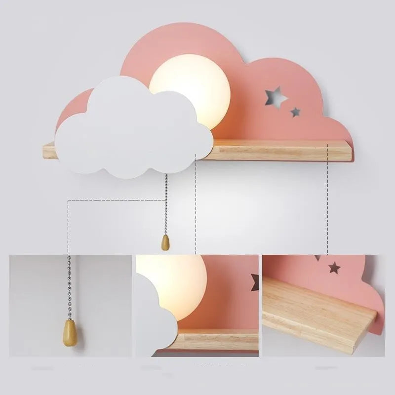 Cloud-shaped decorative wall lamp with glass lampshade in white, grey, or pink finish