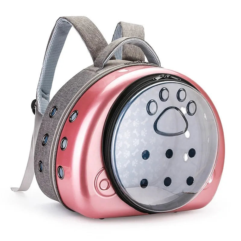 Transparent space capsule pet carrier bag in PC canvas with metallic front shell cover options