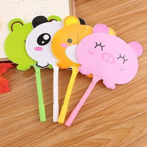 Fan-shaped promotional ballpoint pen with character designs including animals, flowers and fruit patterns