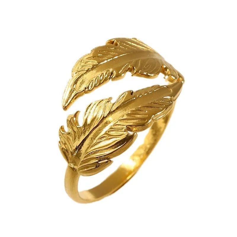 Women's adjustable feather design ring in gold and silver titanium steel options
