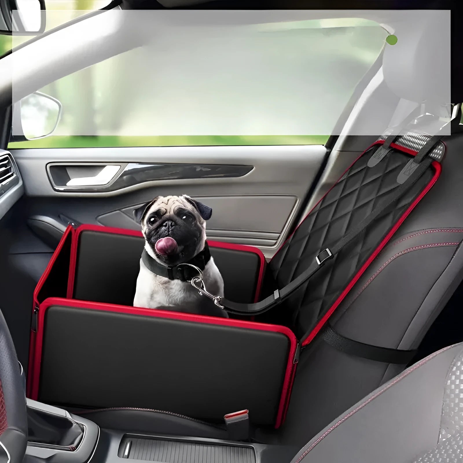 Black car pet seat pad with anti-dirt surface and non-slip base placed on vehicle front seat