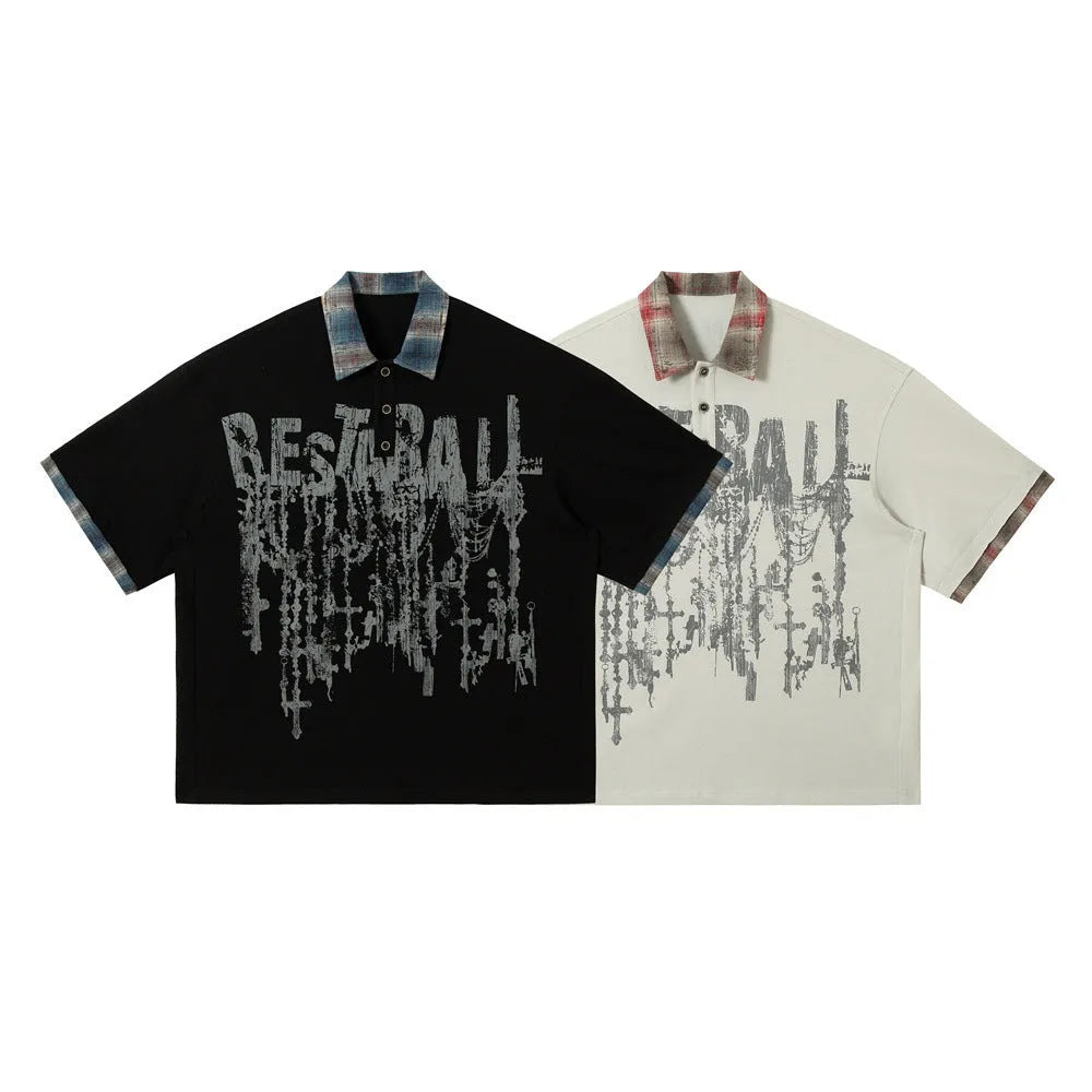 Men's loose blue short-sleeved top with a graffiti-style print on the lapel and an asymmetric hem.