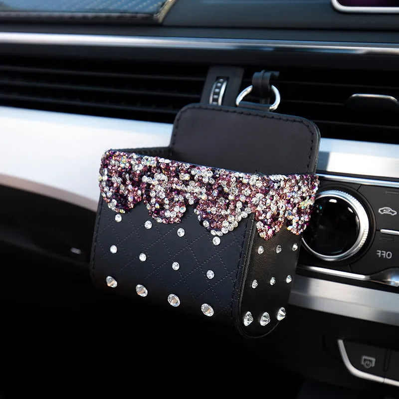 110x110mm diamond-studded car decoration ornament in preferred leather with Czech rhinestones, White colour