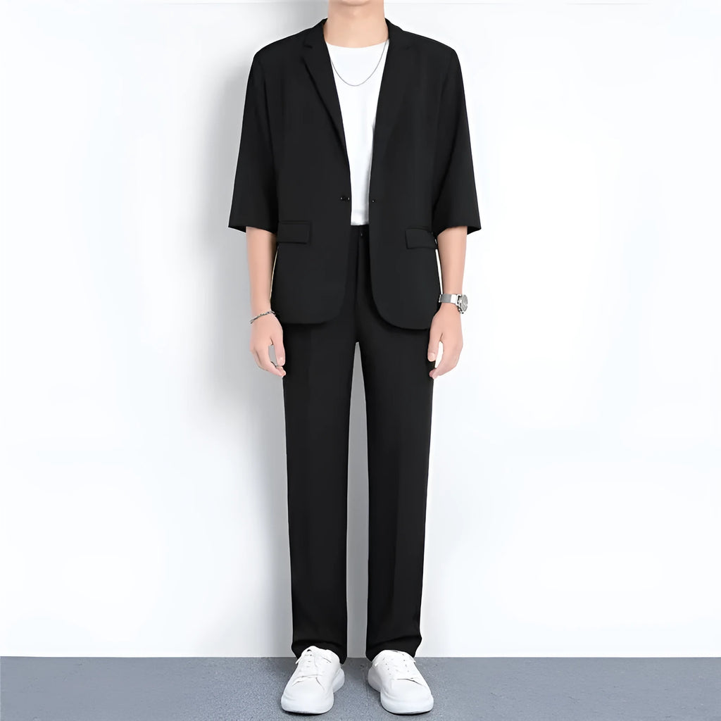 Light business summer suit with half sleeve jacket and trousers in thin cotton fabric