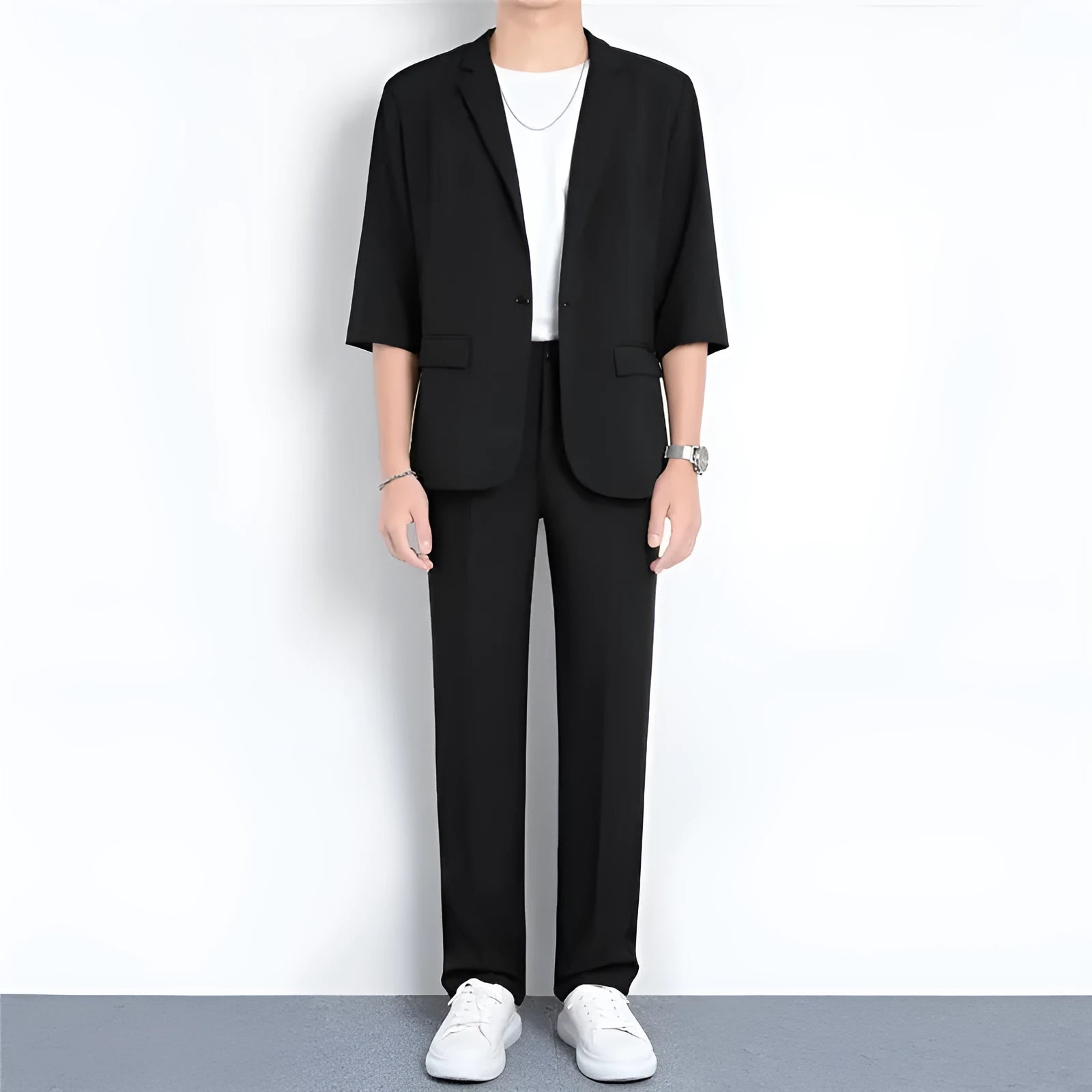 Light business summer suit with half sleeve jacket and trousers in thin cotton fabric