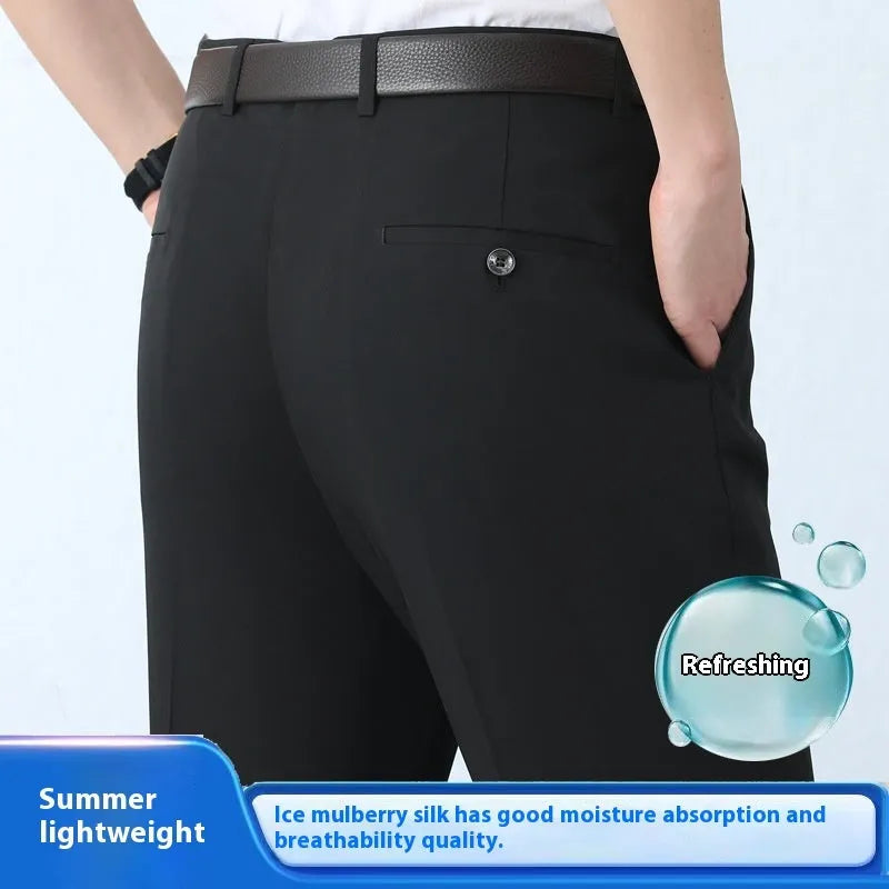 Men's straight cut mulberry silk blend business trousers in dark blue colour with high waist design