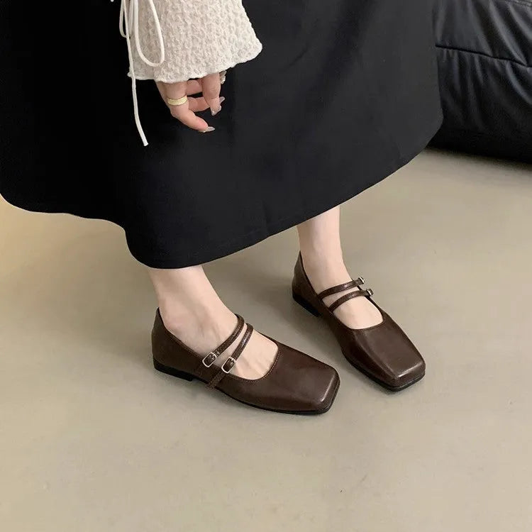 Women's low heel square toe evening shoes in silver, brown, and black solid colours, size 35-39