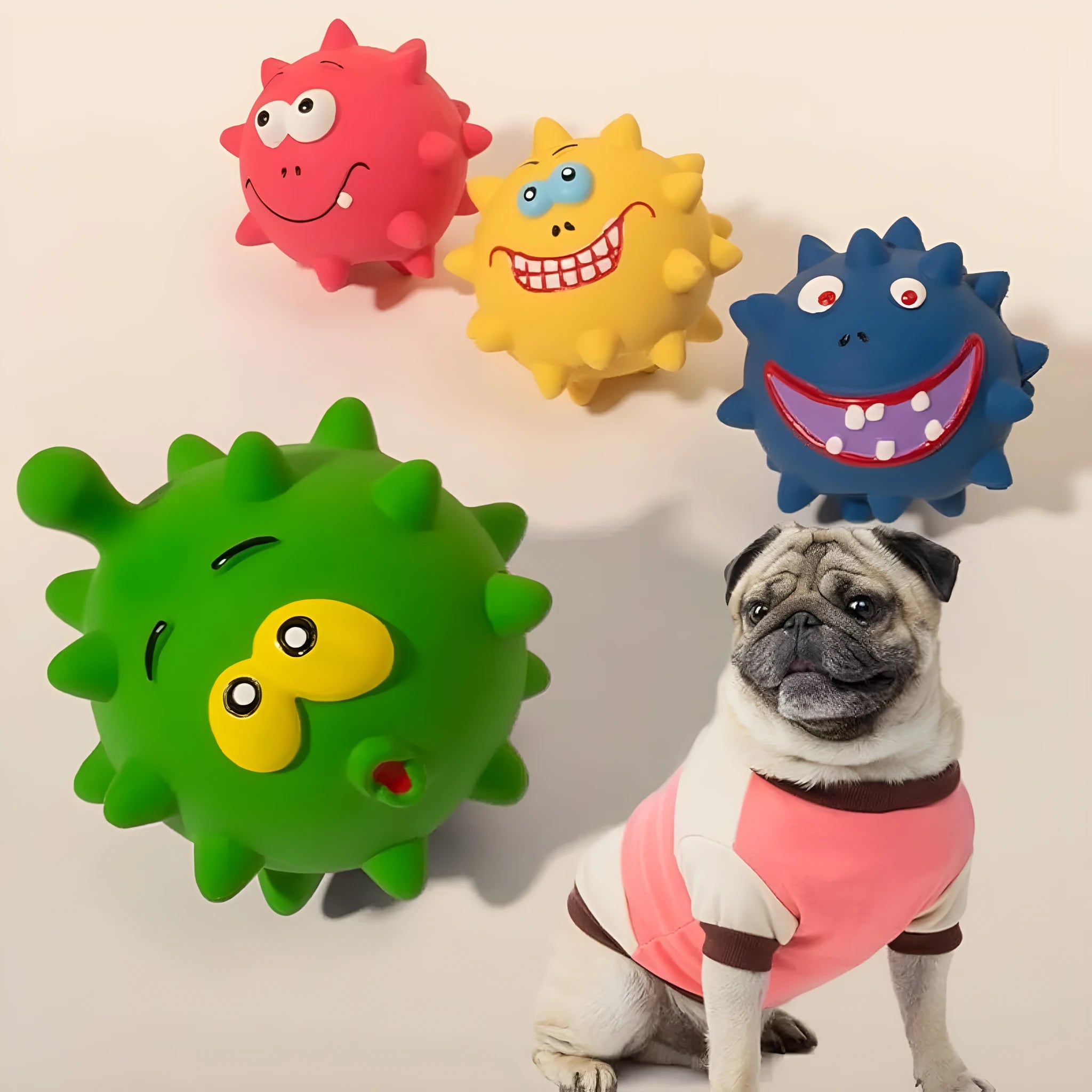 Set of four colourful squeaky dog balls with cute faces on a natural latex rubber texture.