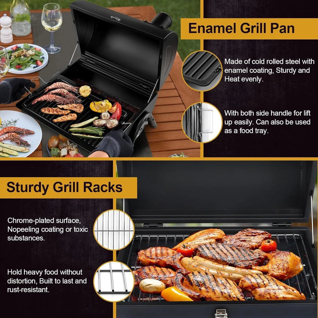 Small metal folding barbecue grill with charcoal fuel, shown on a tabletop.
