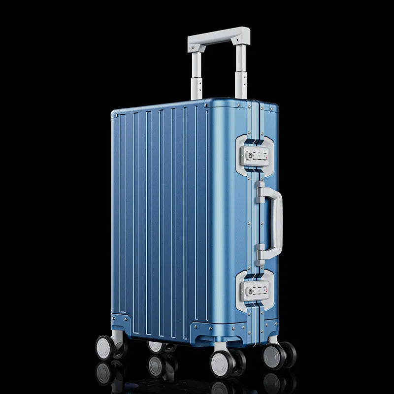 Aluminium-magnesium alloy luggage suitcase with striped pattern and silent spinner wheels