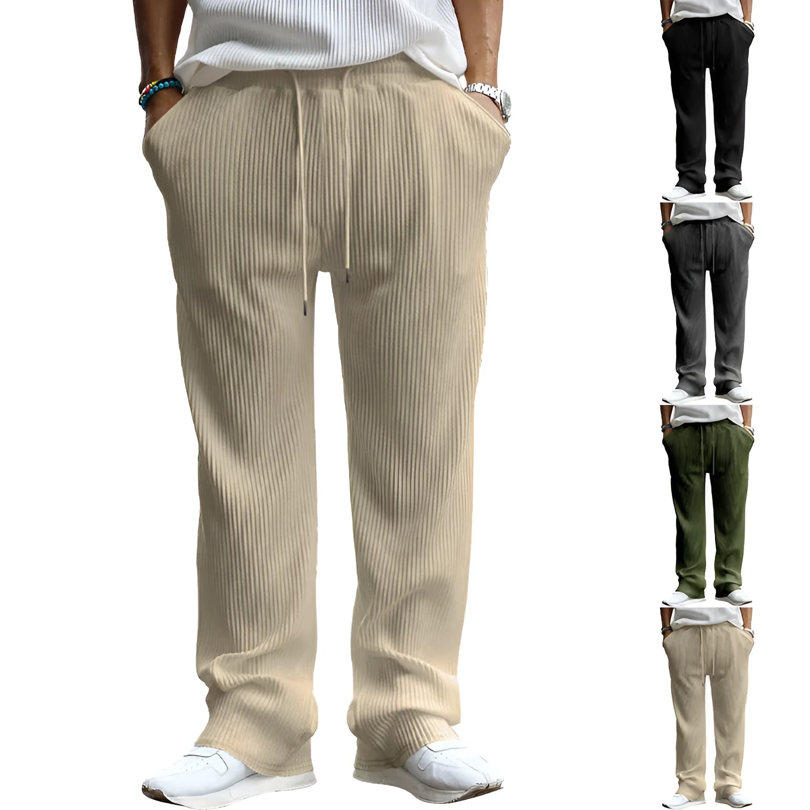 Men's striped high-waisted straight-leg casual trousers in army green laid flat
