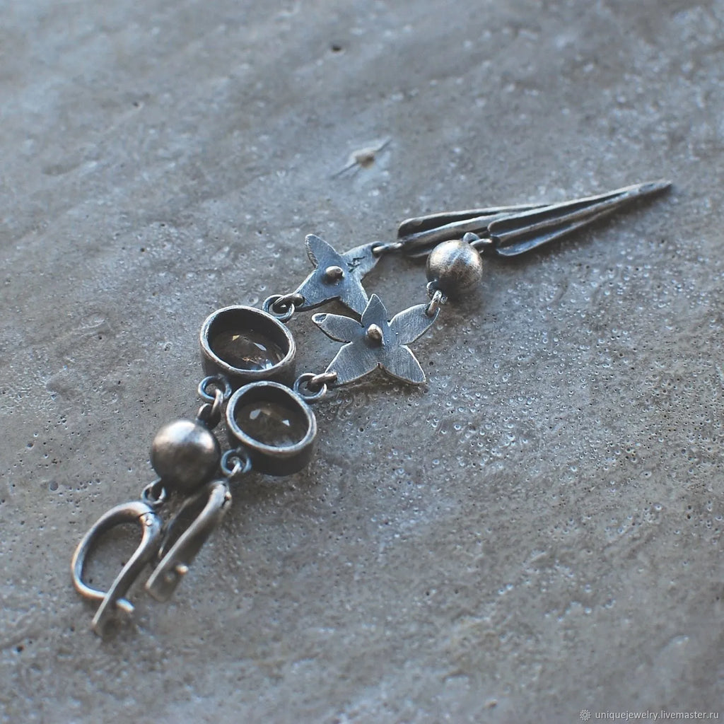 Hesheng geometric antique silver-plated long pendant earrings with XINGX rhinestone design