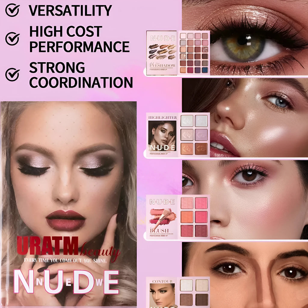Multifunctional makeup palette open to show matte and shimmer eye shadows, blush, and highlighter pans in colour U137A.