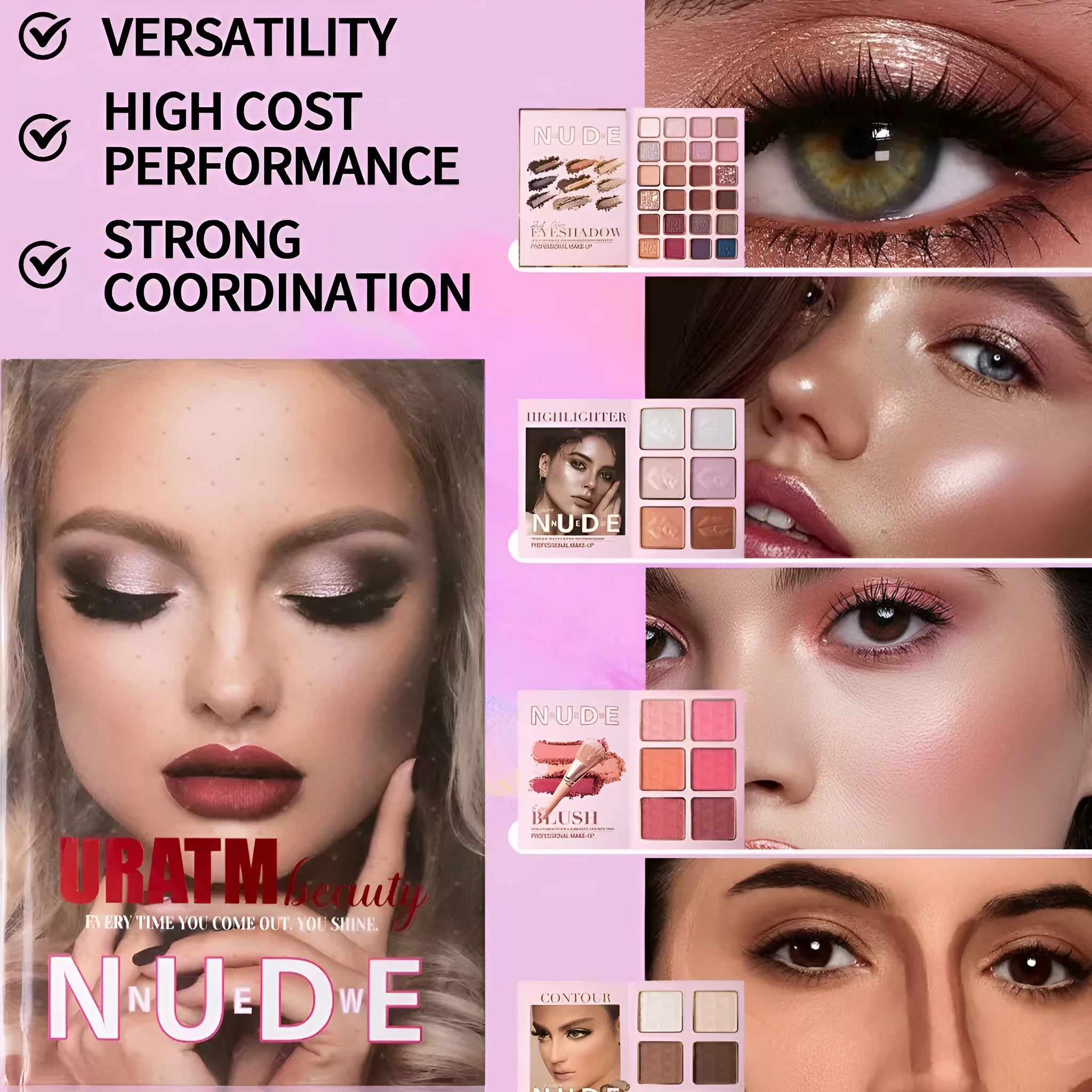 Multifunctional makeup palette open to show matte and shimmer eye shadows, blush, and highlighter pans in colour U137A.