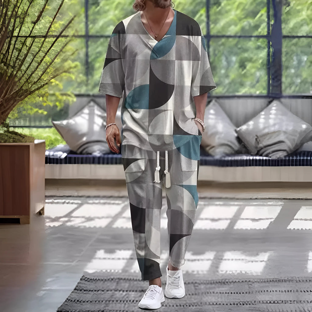 Women's thin polyester cropped sleeve V-neck trousers suit in a co-ord set.