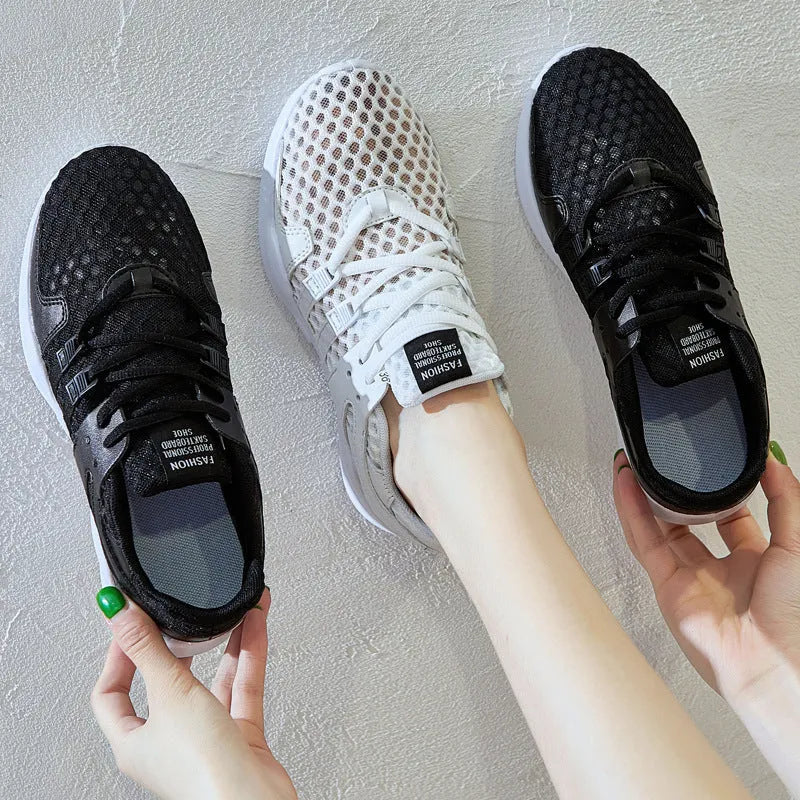 Casual mesh sneakers with hollow out design in black net, white net, hollow white, or pierced black colour options