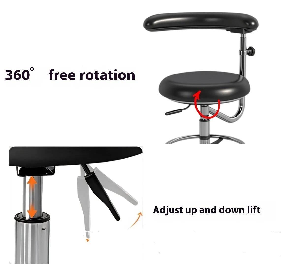 Black leather dental chair with lift adjustment for dentist and nurse clinic seating.