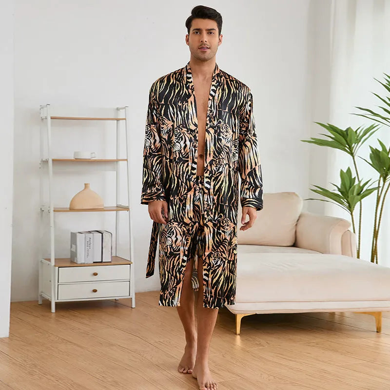 Men's tiger pattern bathrobe set with ultra-thin rayon fabric and shorts
