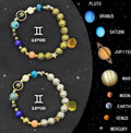 Two natural stone beaded bracelets showing different zodiac animal designs on an adjustable cord.