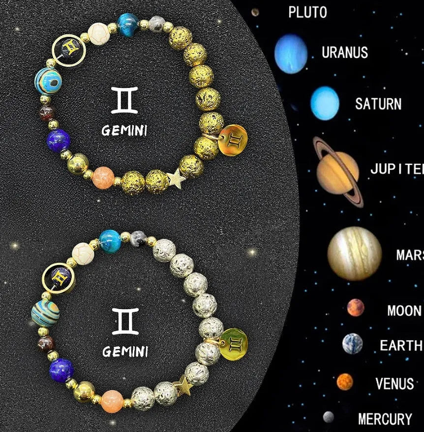 Two natural stone beaded bracelets showing different zodiac animal designs on an adjustable cord.