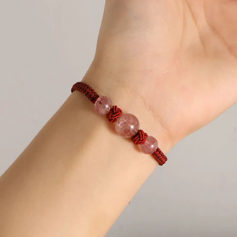 Woven red rope bracelet with strawberry quartz beads and alloy clasp in obsidian black and red styles