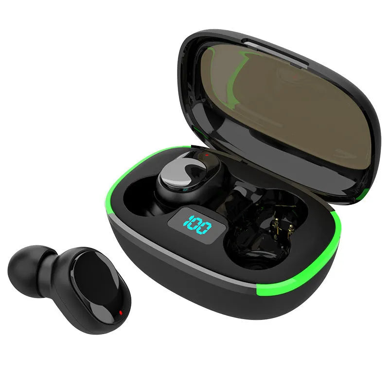 Black Y80 wireless Bluetooth in-ear earphones with a digital display on the case.