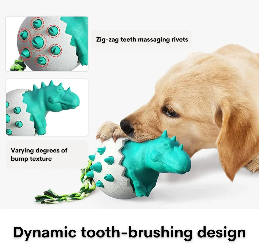 Blue dinosaur-shaped dog chew toy with textured nubs and an attached rope for aggressive chewers.