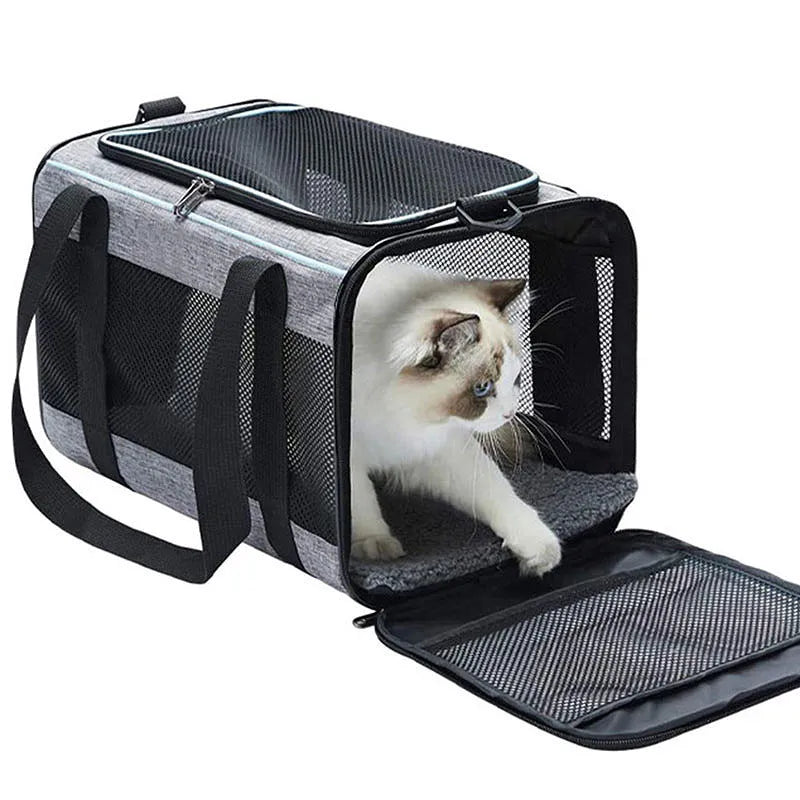 Oxford fabric pet carrier bag for dogs and cats, shown in grey with blue edge trim.