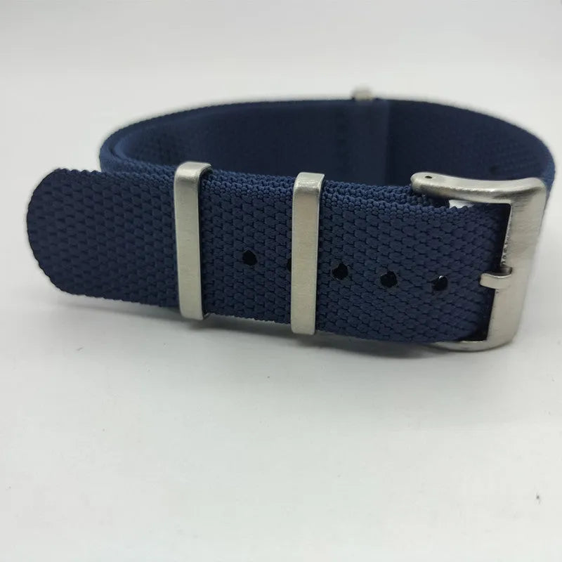 Nylon integrated watch strap in multiple colours showing 20mm and 22mm width options.