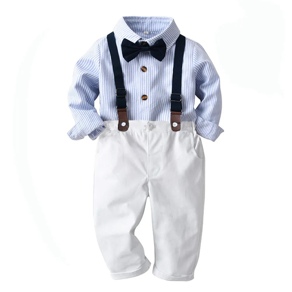 Boys' light blue cotton striped shirt and pants matching suit with hat, long sleeves, shoulder strap