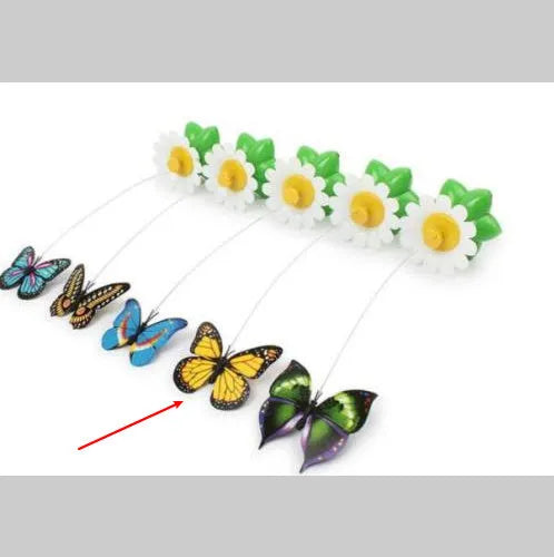 Electric automatic rotating white flower with green leaves and colourful butterfly on 21cm steel wire