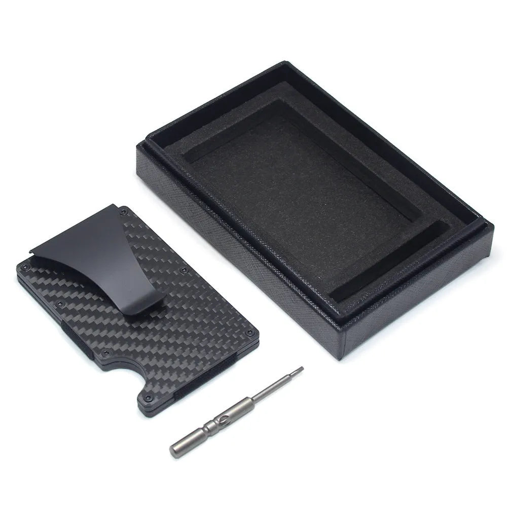 CH6600 geometric card holder in black carbon fibre showing slim 8mm profile and card slots.