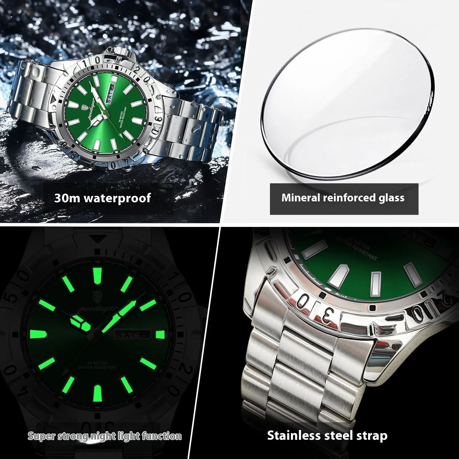 Swiss waterproof men's luminous watch with steel bracelet in gold, silver or black case options